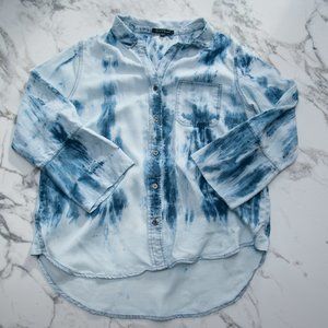 Ladies Velvet Heart Hi Low Button Down Shirt 3/4 Sleeve Blue Tie Dye Large